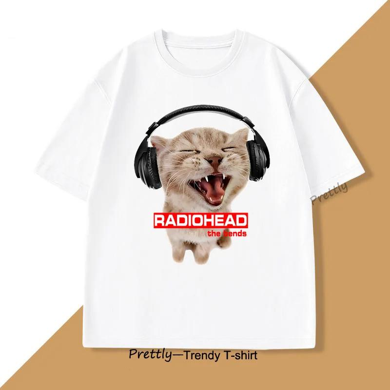 Cotton Breathable Childrens Tshirt New Cute Cat Rock Cartoon Print Parentchild Outfit Unisexs and Womens Short Sleeves