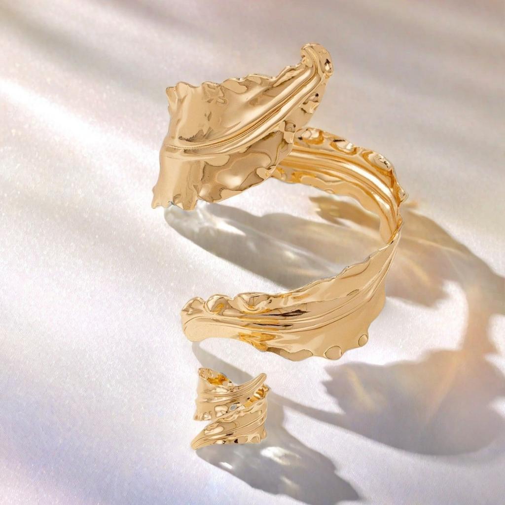 Vintage Fashion Folded Leaf Bracelet Spiral Opening Adjustable Ring Set for Women Girls Holiday Party Fashion Jewelry BS031