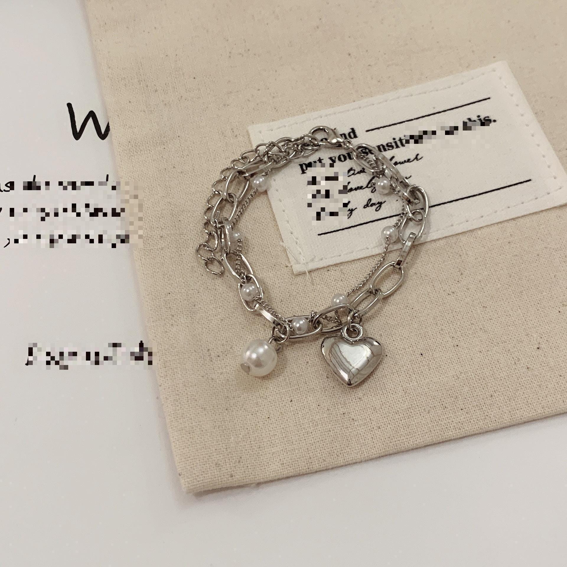 

Fashion Chain Love Pearl Double Bracelet Temperament Peach Heart Pendant Bracelet Female College Student Zircon Pulsera