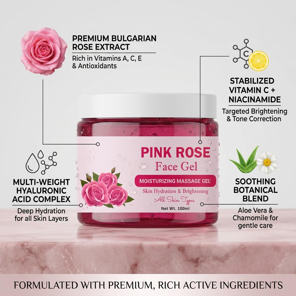 Rosa Rose Gesichtsgel | Feuchtigkeitsspendendes Massagelgel für Hautfeuchtigkeit & Aufhellung | Für Alle Hauttypen, 100ml