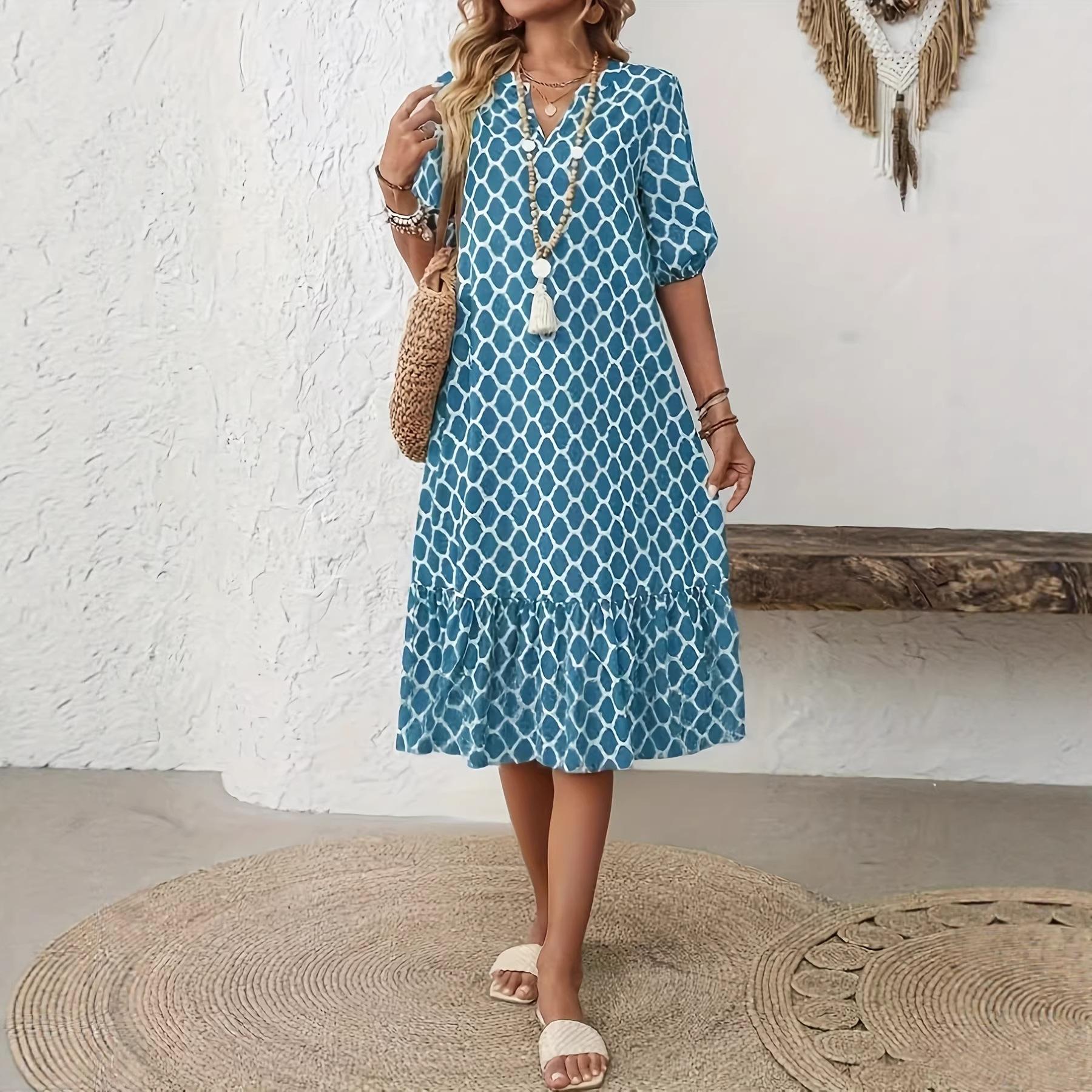 V-Neck Floral Geometric Print Midi Dress with Ruffle Hem S синий