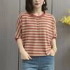Womens Green Beige Stripe Knit T Shirt Casual Polo Neck 3/4 Sleeve Batwing Top