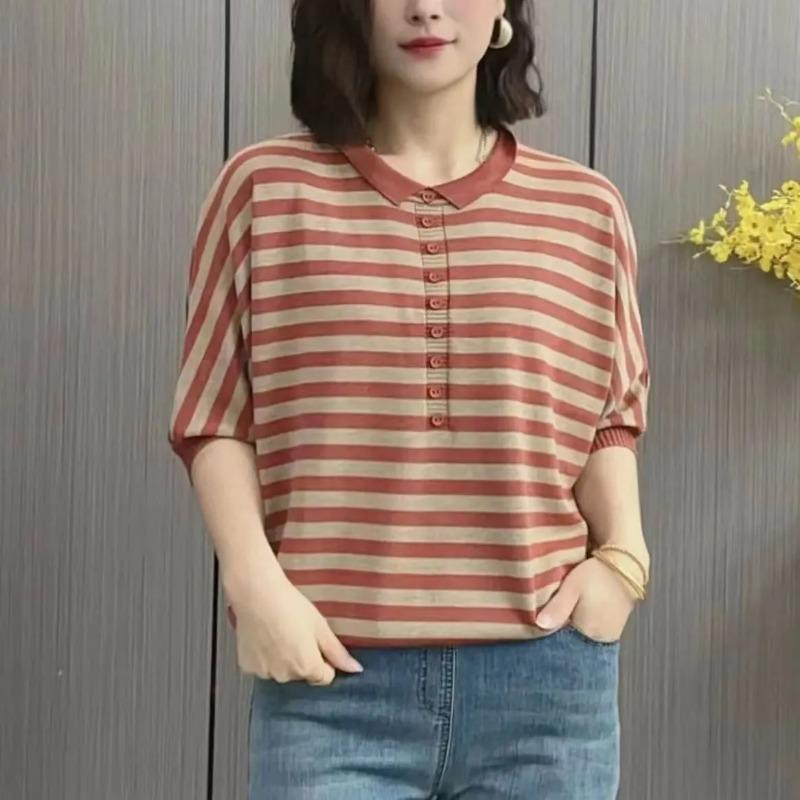 Womens Green Beige Stripe Knit T Shirt Casual Polo Neck 3/4 Sleeve Batwing Top