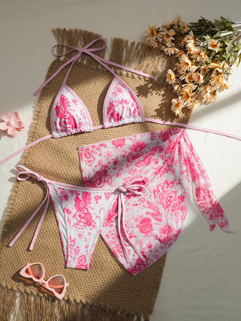 European And American Apron Three-Piece Bikini Retro Printed Lace-Up Swimsuit Women'S Swimsuit