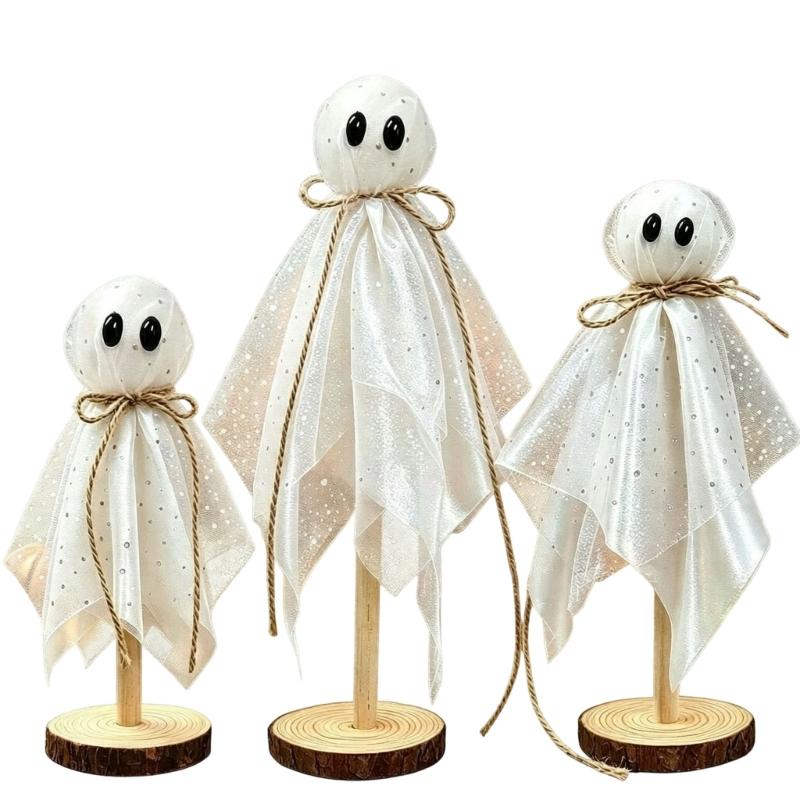 Reflective Fabric Halloween Spirit Figure Set, Three Standing Figures in Varied Sizes with Wooden Discs for Living Room, Entryway, and Office Displays