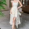 Coffee break French floral suspender dress summer large size design sense irregular front short rear long trailing fairy skirt