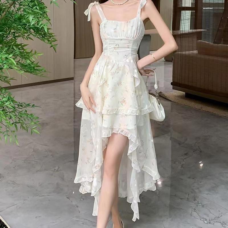 Coffee break French floral suspender dress summer large size design sense irregular front short rear long trailing fairy skirt