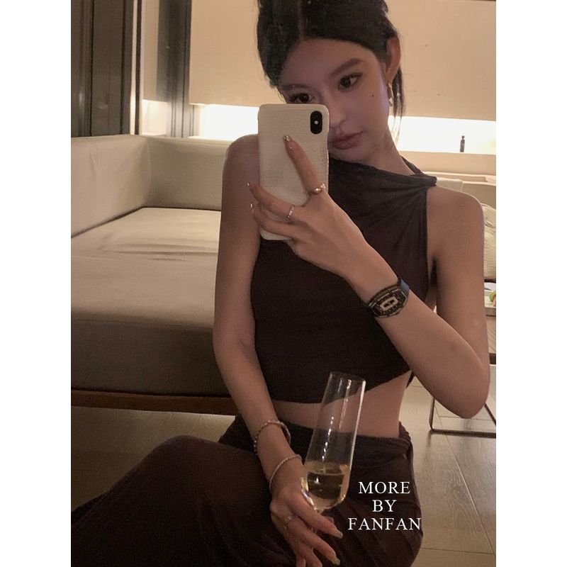 

Sexy Socialite Midriff Outfit Niche Style Short Hip-Hugger Skirt Coffee S