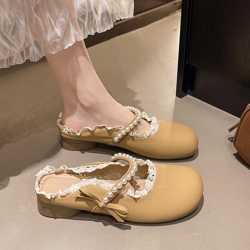 Fashion Round Toe Vintage Bow Low Heel Leather Shoes Summer New Baotou Shallow Mouth Beaded Soft Sole Mary Jane Slippers