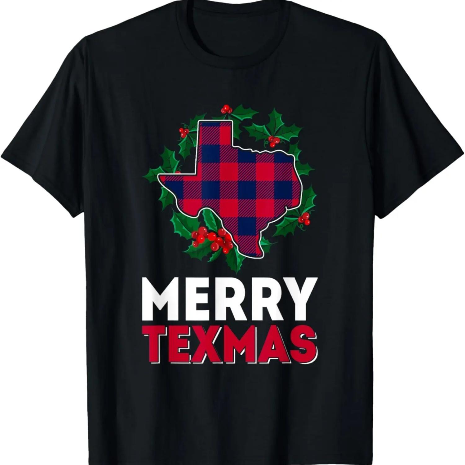 Merry Texmas Christmas Texas State Red Plaid Family Matching T-Shirt S чёрный