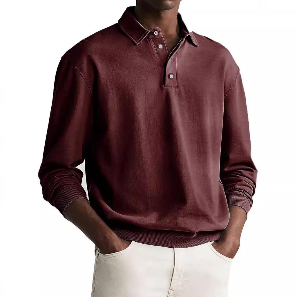 Polo da uomo a maniche lunghe tinta unita con colletto e bottoni, per ufficio, pendolari, casual da lavoro, pullover, maglietta sportiva alla moda