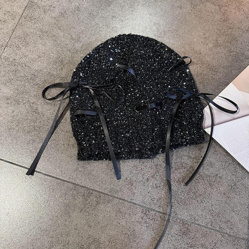 Sequined Knitted Fashion Hat With Bow And Letter Decorations For Casual Daily