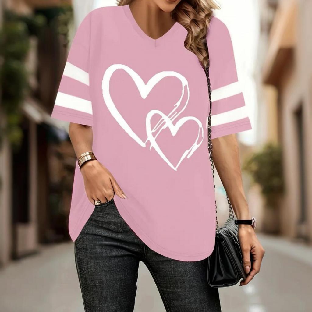 Summer Heart-Shaped 3D Print T-shirt Women Streetwear Casual T Shirts Y2k Tops Woman Harajuku V-Neck Tees Oversized Clothing