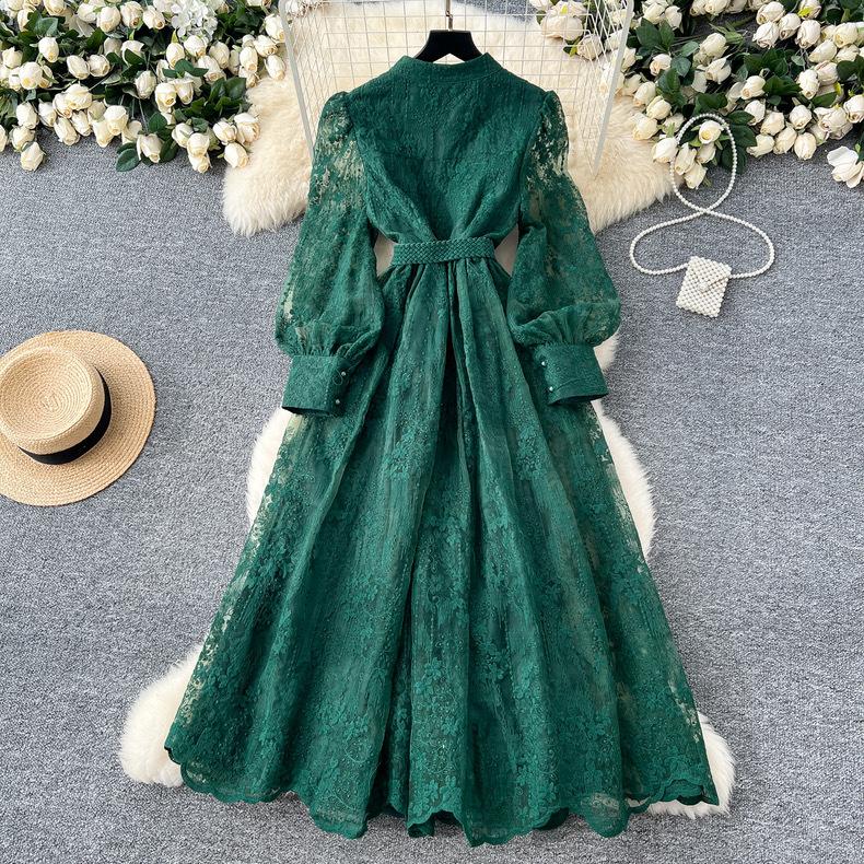 Francia Vintage Ricamo Abiti Formali Donna Estate Autunno Manica Lunga a Lanterna Pizzo Perla Ballo Serale Compleanno Abito da Festa
