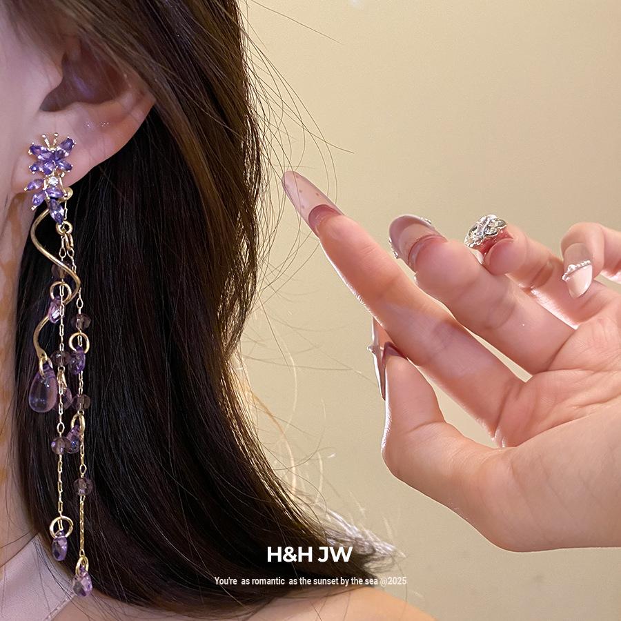 Silver Needle Diamond Butterfly Water Drop Tassel Earrings Retro Fresh Sweet Delicate Earrings Light Luxury Premium Earrings Women