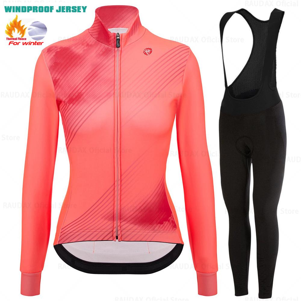 

2025 Raudax Women Long Sleeve Jersey Pure Dye Coral Winter Cycling Clothing Outdoor Riding MTB Ropa Ciclismo Velveteen Bike Set S