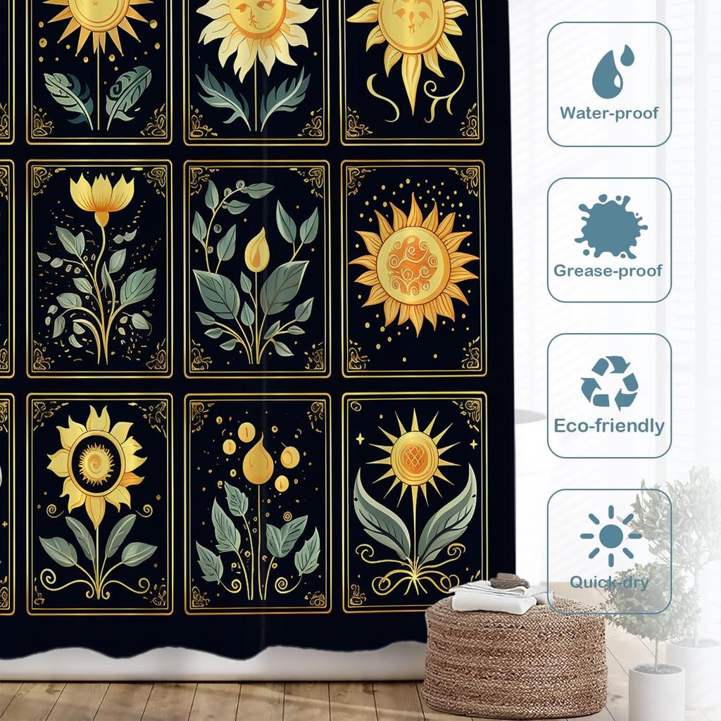 Golden Sunflower Tarot Card Style Shower Curtain Black Background Boho Art 72X72 Inches