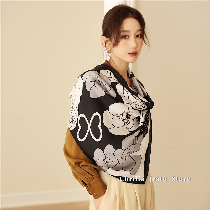 Big Size 110cm Square Floral Printed Women Fashion Imitated Silk Scarf Foulard 45inch Muslim Hijab