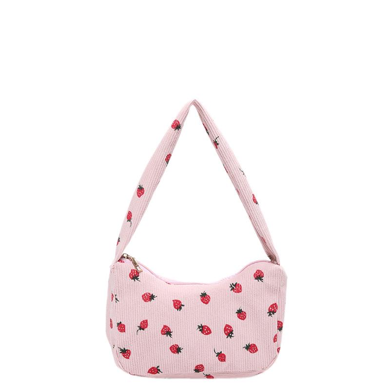 Korean-Style Strawberry Print Corduroy Handbag - 2025 Autumn Collection