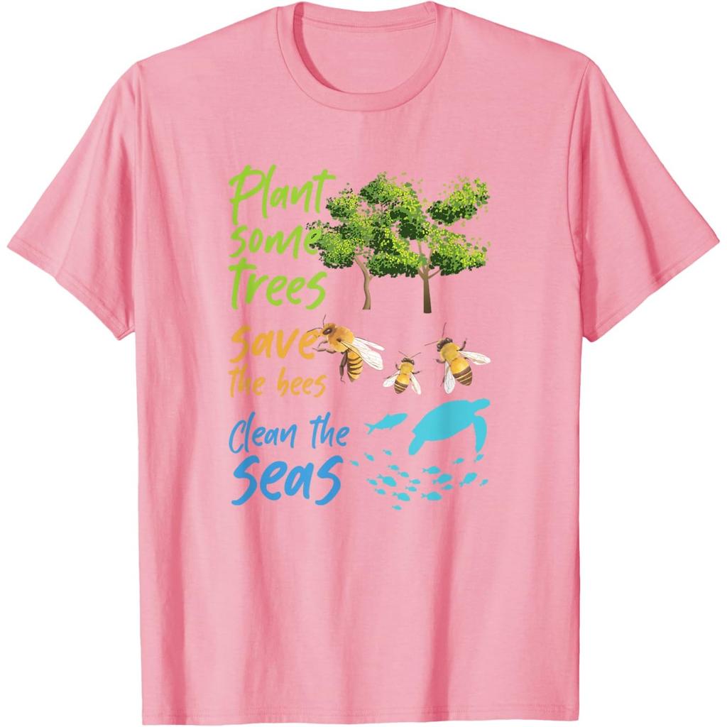 Plant Trees Save Bees Clean Seas Turtle Graphic Cotton T-Shirt Casual Crewneck Tee