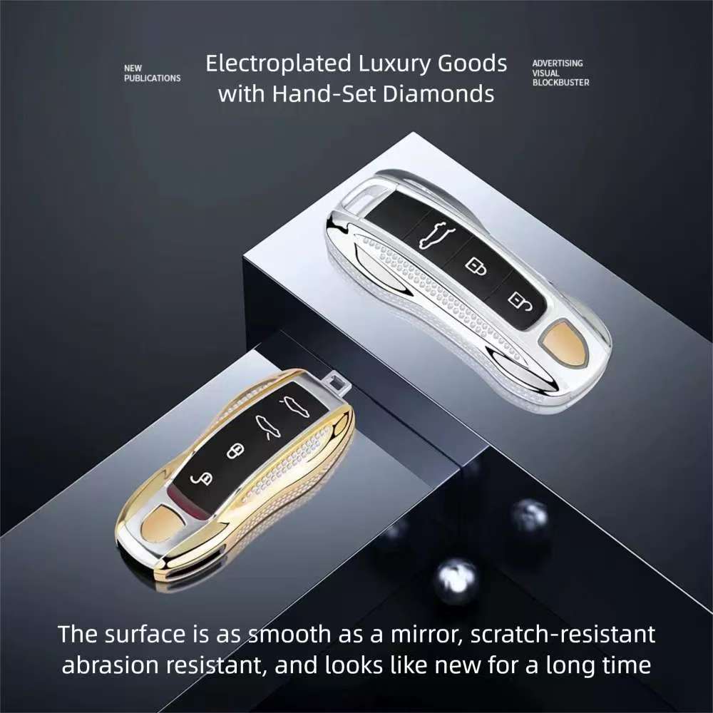 Diamond Metal Material Key Case For Porsche Cayenne Panamera Macan Cayman 718 911 Taycan Gloss Chrome Key Shell Car Key Case