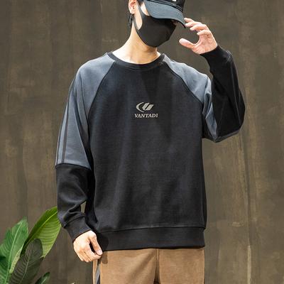 American Retro Trendy Brand Texture Contrast Color Design Crew Neck Sweater Men'S Loose Large Size Casual Fat Top