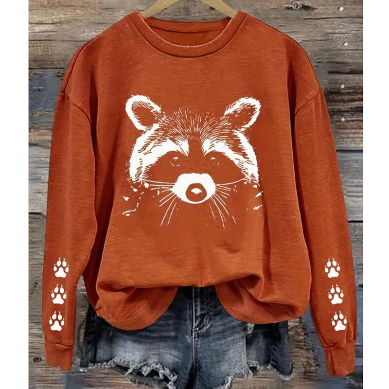 2025 Autumn & Winter Women's New Casual Crew Neck Long Sleeve Top 3D Raccoon Pattern
