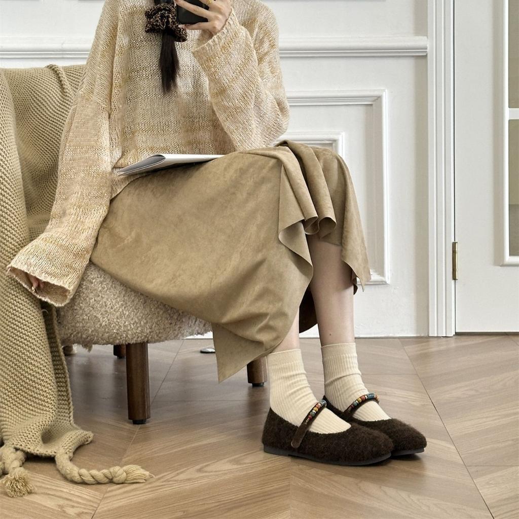 2025 autumn and winter new mink fluff word with shallow mouth soft sole commuting work Doudou women's single shoes