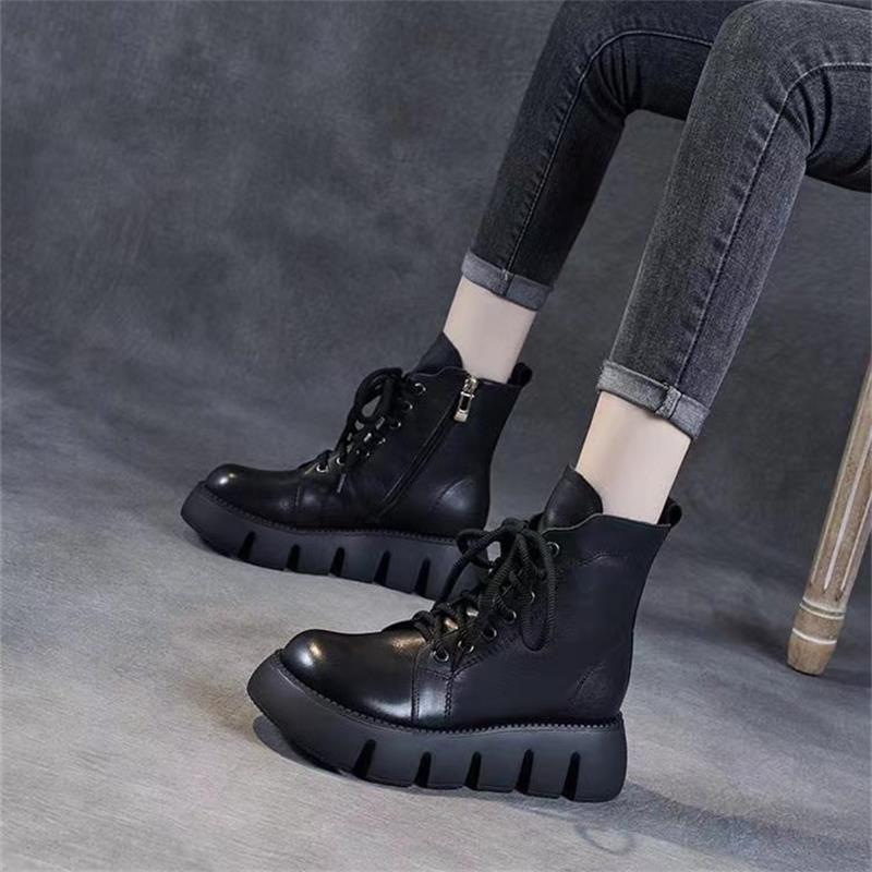 Korean version of soft leather thick-soled Martin boots women's thin boots 2025 new autumn and winter short boots retro versatile knight boots