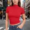 Dames T-shirt met korte mouwen, slank gesneden, met opstaande kraag, rekbaar, lichtgewicht, ademend, basic top voor dagelijks gebruik