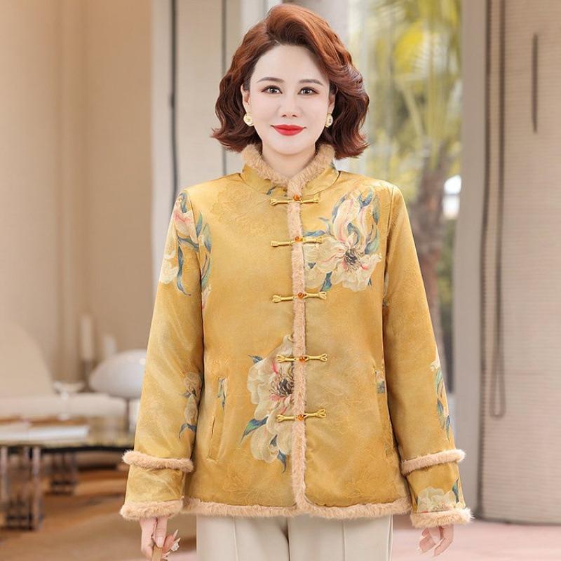 Women's velvet new cotton-padded coat printed jacket retro disc-buckled winter warm cotton-padded jacket thickened cotton-padded jacket