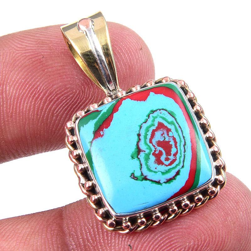 

Natural Rainbow Calcica Gemstone 925 Solid Silver Two Tone Pendant 1.25 T7Y33