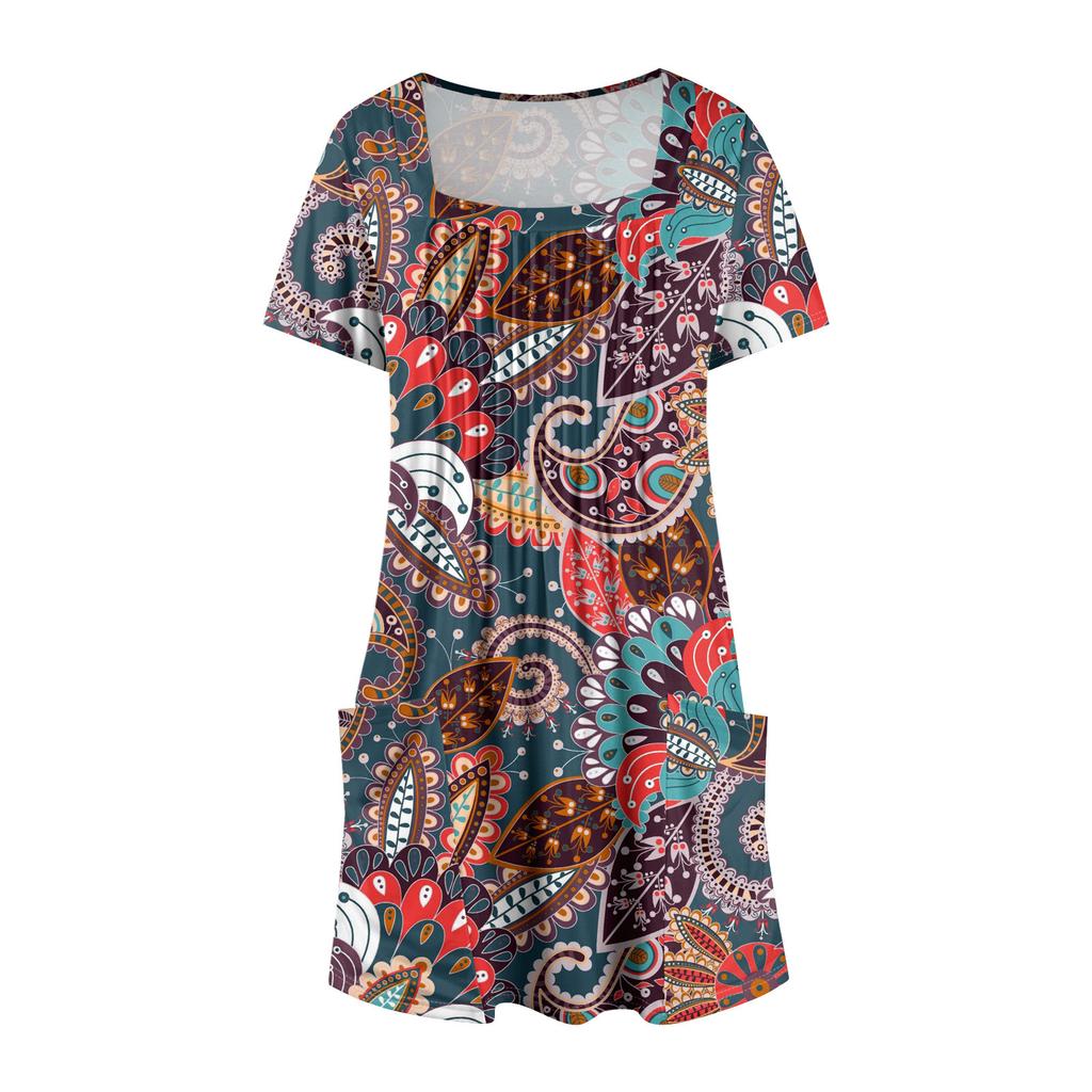 Women's Summer Casual Square Neck Pleated Front With Pocket Printed Short Sleeve Dresses