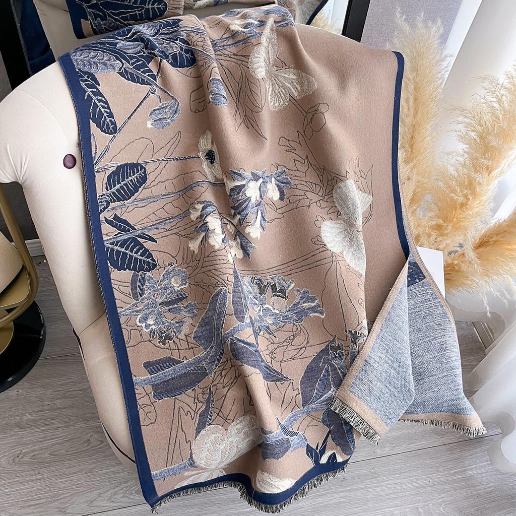 Autumn Plants And Flowers Imitation Cashmere Jacquard Scarf Women'S Simple And Versatile Thickened Warm Scarf Shawl