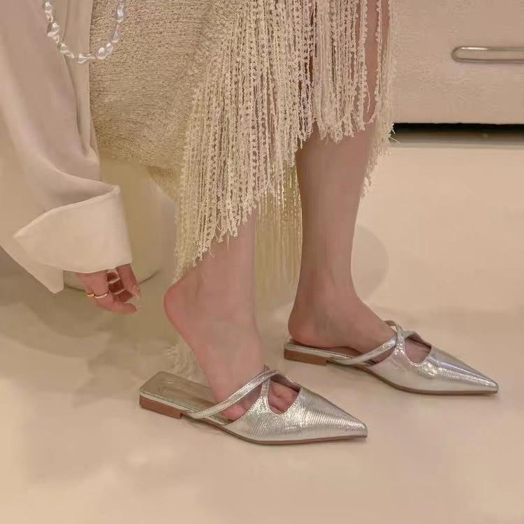 2025 Summer New Pointed Flat-bottomed Muller Shoes Women's European and American Fashion Design Sense Cross-strap Bag Head Slippers