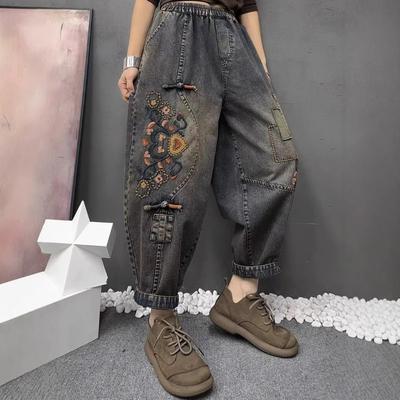 Dames Vintage Borduurwerk Etnische Stijl Baggy Jeans Y2K Streetwear Casual Hoge Taille Losse Zakken Denim Broek Pantalones De Mujer