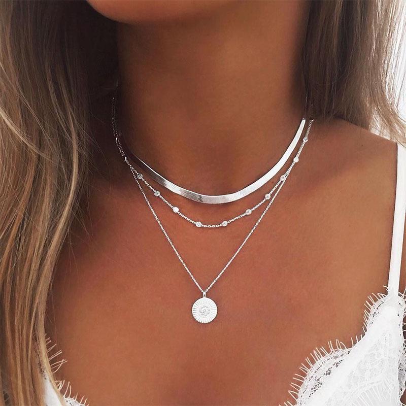 

Trendy Multi-Layer Lotus Pendant Blade Chain Necklace for Women Silver