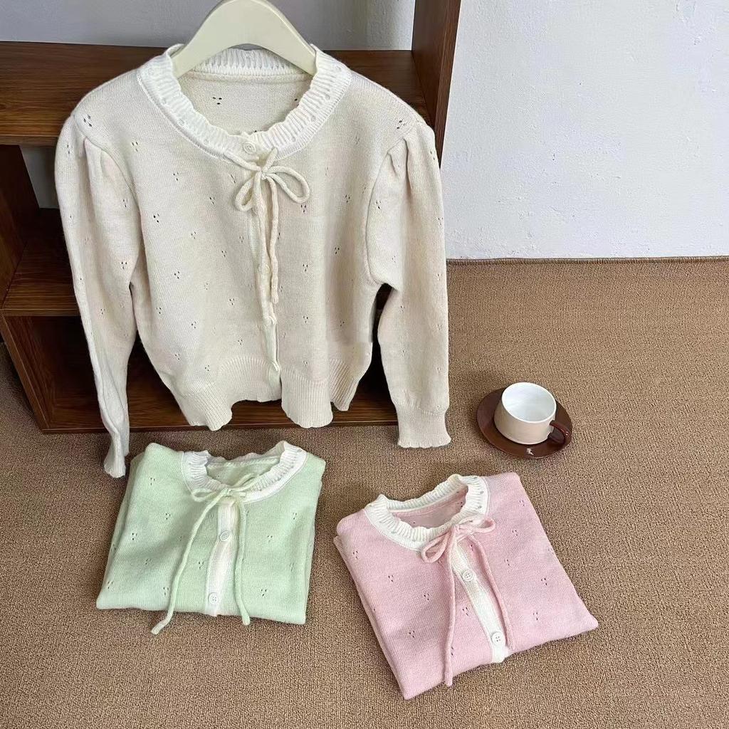 2025 Spring and Autumn Korean New Sweet Knitted Cardigan Gentle Wind Lace-up Bow Color Matching Sweater Jacket Women