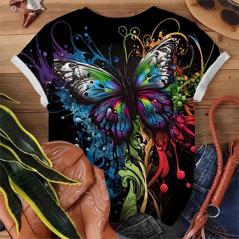 Summer Round Neck 3D Colorful Art Butterfly Pattern Print Top Fashionable Casual Short Sleeved Women's T-shirts