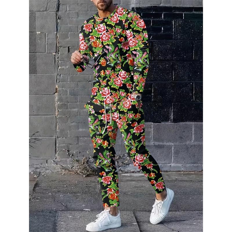 Men's Fashion Graffiti Novelty Pajamas Loungewear Set Autumn Men's Daily Casual Long-sleeved T-shirt Street Fashion Pants