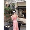 Kumikumi Holiday Style Blooming Pink Sling Dress Women Summer Slim Fit Age-Reducing Chic Floral Long Skirt