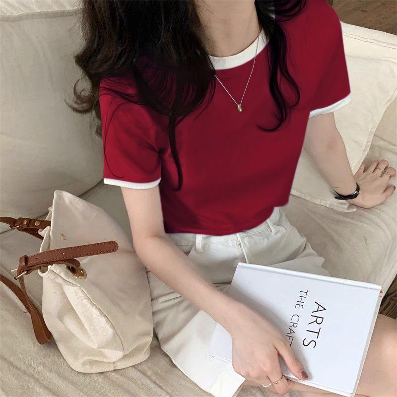 

Color Contrast Patchwork Bottoming Shirt 2025 Summer New Arrival Cotton Short Sleeve T-Shirt Women s Plaid Comfortable Slim Looking Blue Tops