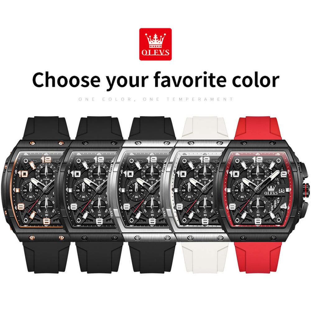 OLEVS Mens Watch Fashion Silicone Strap Tonneau Chronograph Quartz Watch Waterproof Luminous Sports Date Watches Gifts