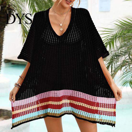 Beachwear Dress Women Bikini Cover Up V-Neck Drop-shoulder Sleeves Hollow Side Split Color Block Crochet Swimsuit Cover-ups