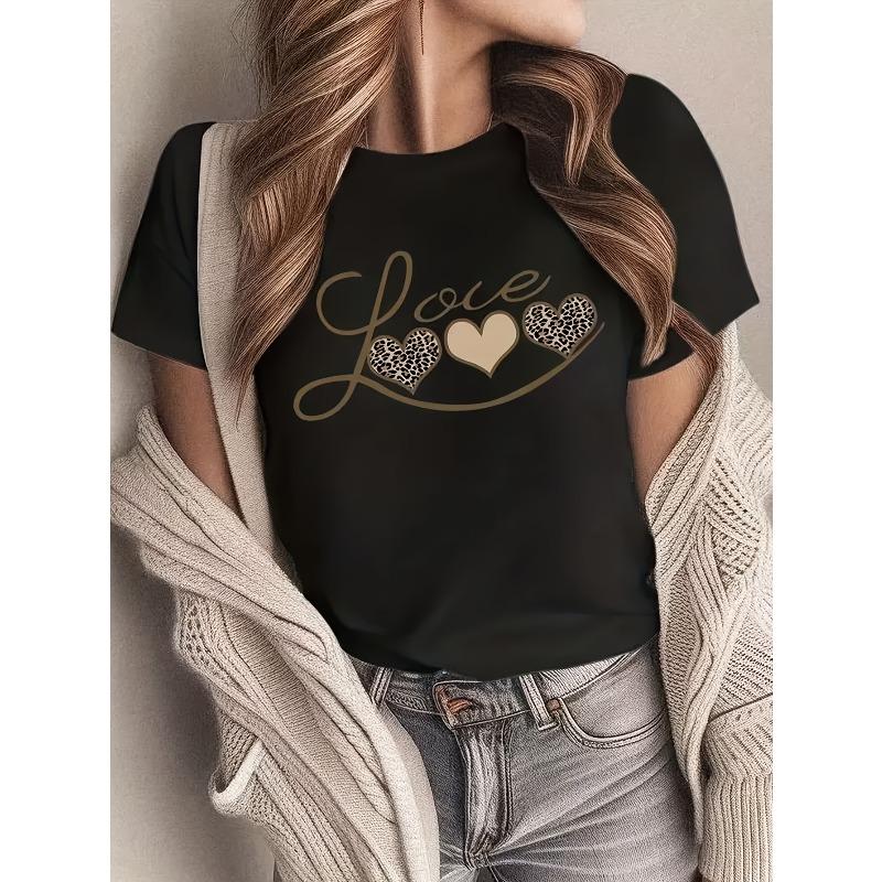 

Womens Leopard Heart Design T Shirt Popular Choice Casual Round Neck Regular Fit Summer Short Sleeve Top 4XL чорний