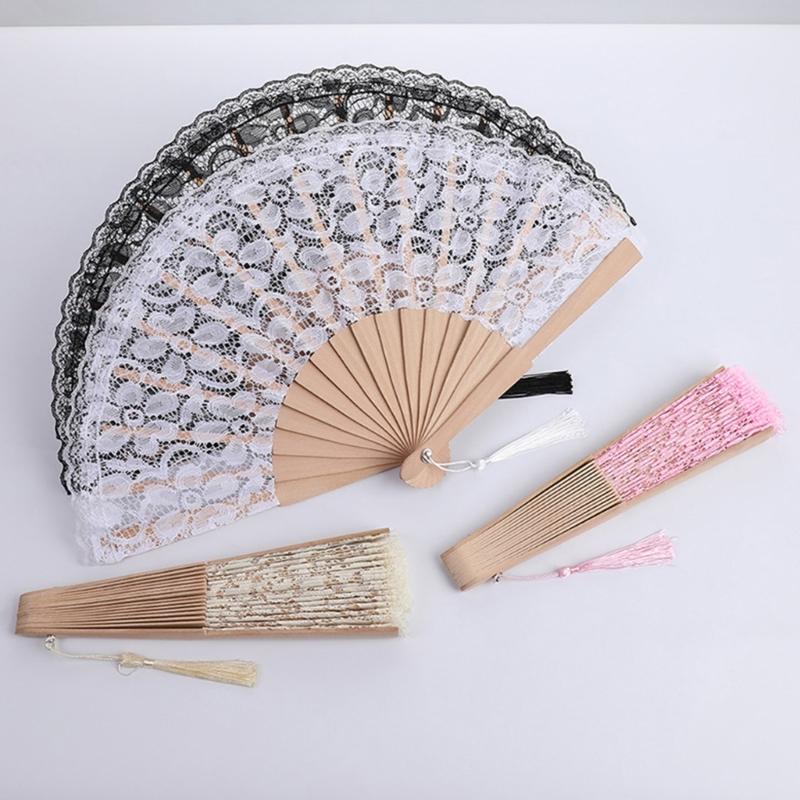 Lacework Handheld Fan with Wood Frame Decorative Fan For Wedding Ceremony Cooling Fan for Bridal Shower Decoration