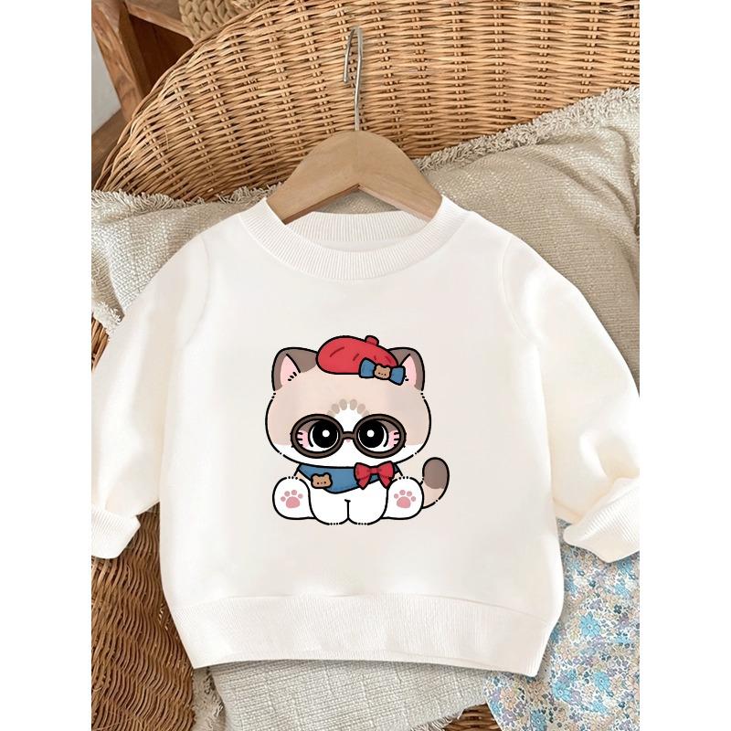 European sizes A Cute Cat Print Sweatshirt for Kids, Designed with a Comfortable And Easy Style, Perfect for Outdoor Outfits