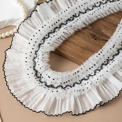 2 metri/lotto 9 cm di larghezza Pois neri Bianco Chiffon Guarnizione Pizzo pieghettato Tessuto di pizzo chiffon Colletto Polsino Guarnizione Fai da te Decor