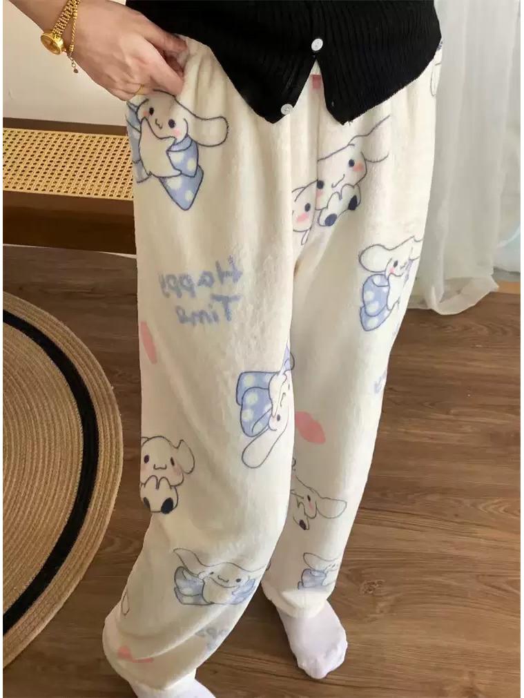 Women's Cartoon Cat Fleece Pajama Pants - Cozy Flannel for Autumn/Winter