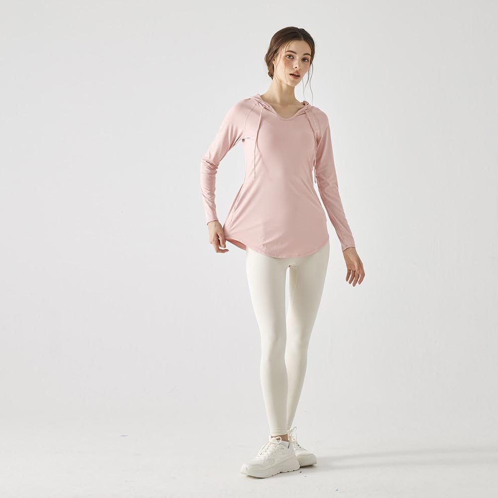 Yomoment Long Sleeve with Sun Round Perfect for Hot and White Women's T-Shirt Hood, Protection, V-Neck, Hem, Sweat-Wicking, Quick-Drying, Yoga,